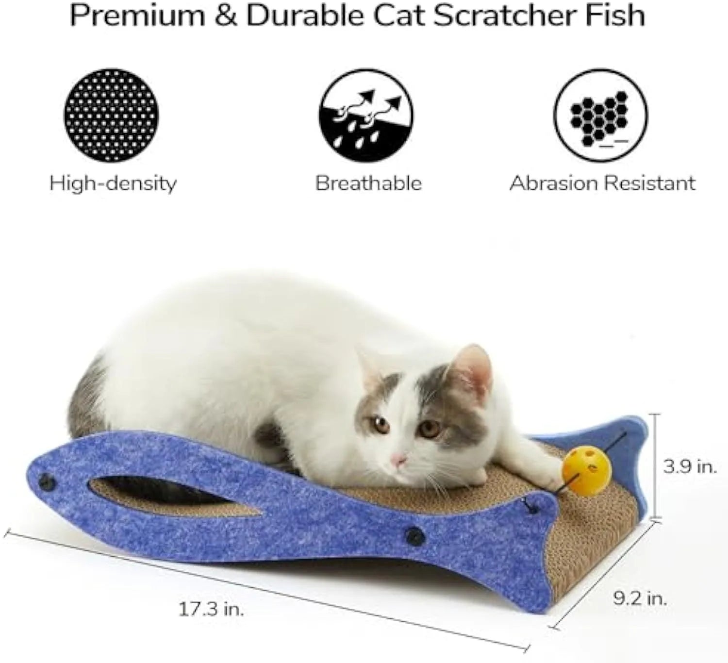 Blue fish-shaped cat scratcher with ball toy on elastic cord and wavy lounge area