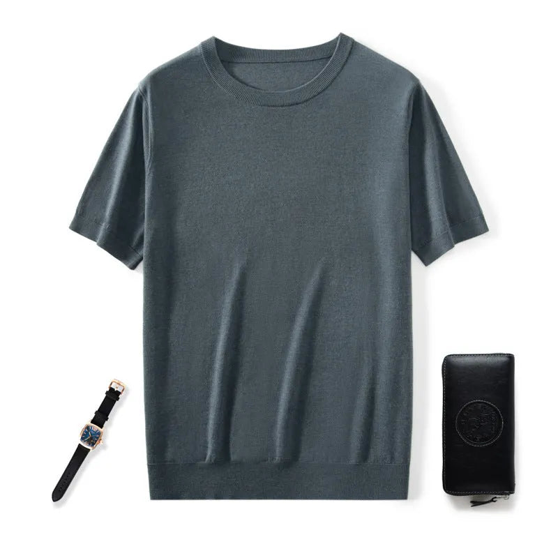 Men's loose-fit knitted casual short sleeve shirt in a choice of eight colours including black, blue, and grey.
