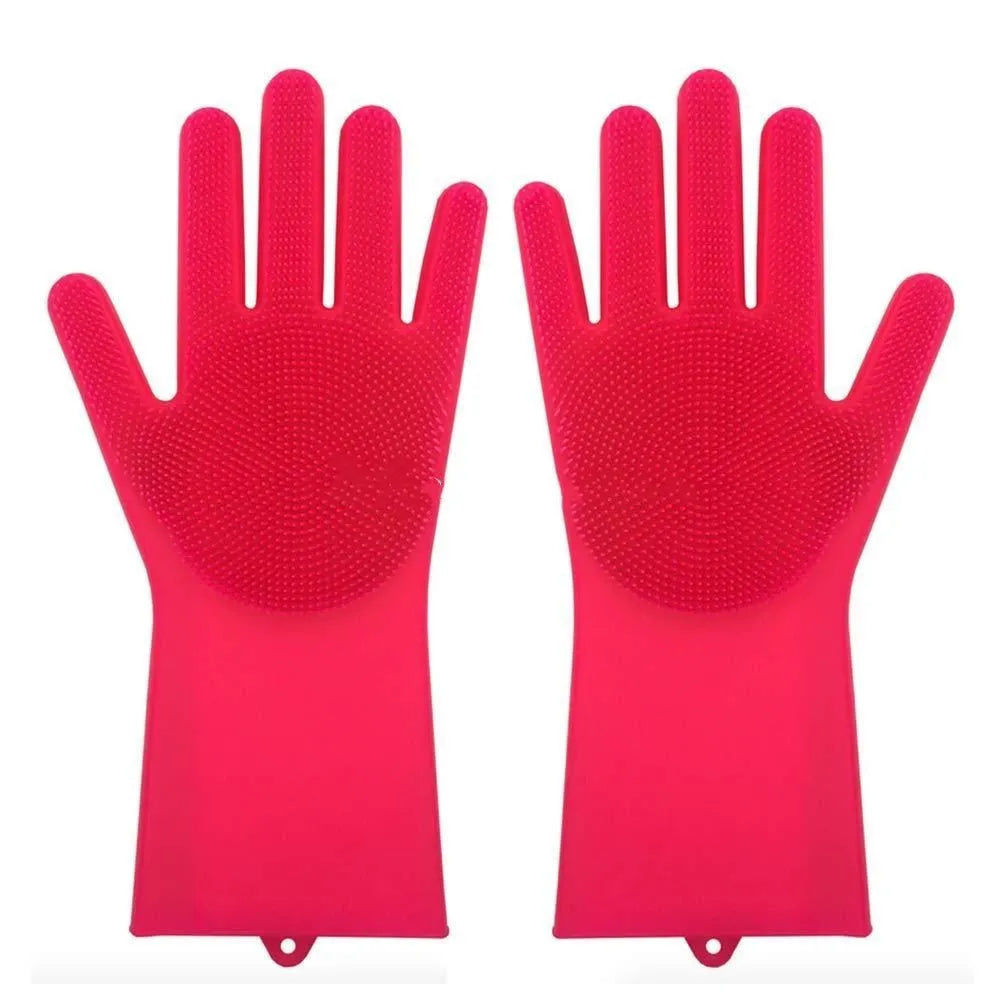 Blue silicone cleaning gloves with a textured sponge palm design for scrubbing.