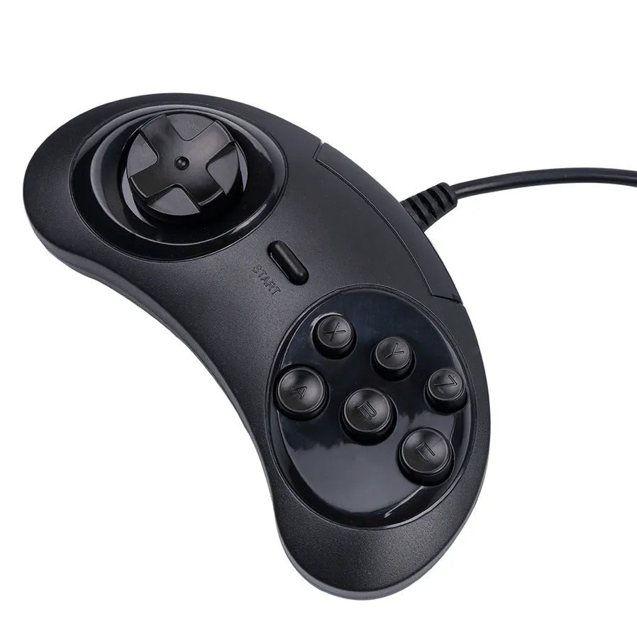 Black USB game controller with 1.8 metre wire and Sega-style button layout