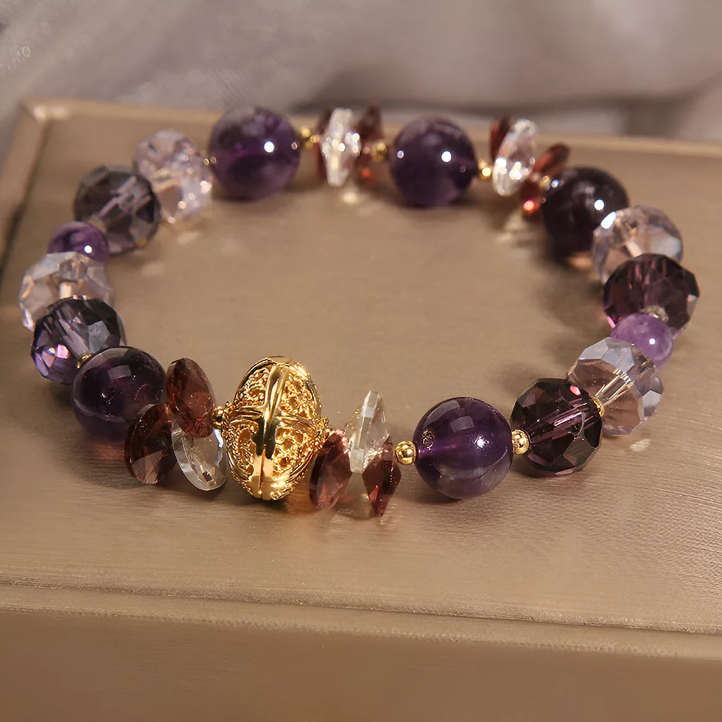 Purple crystal women's bracelet with pumpkin, wind chime, and lucky bead design featuring rhinestone details