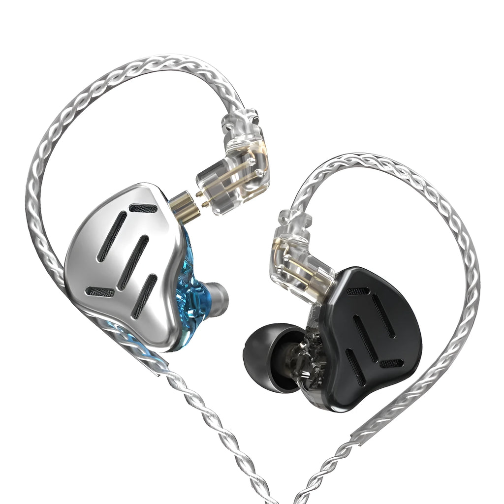 KZ ZAX black and silver blue in-ear headphones with 3.5mm L-bend plug and 1.25m cable