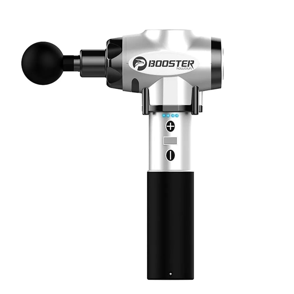 Black and white rechargeable muscle massager gun with adjustable speed settings.