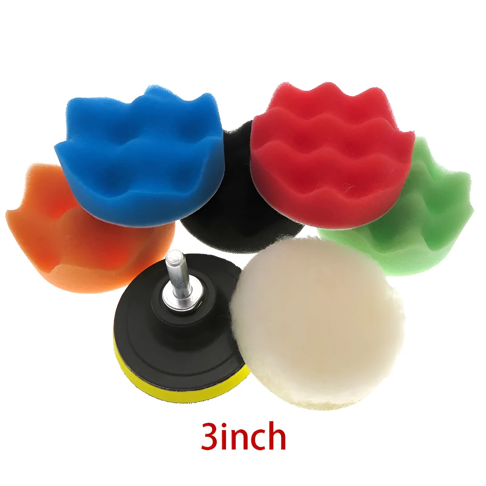 3 inch car polishing sponge set with five wave sponges, one wool pad, and M10 rubber pad