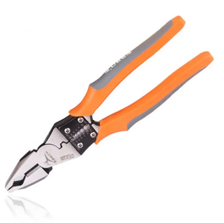 Orange multi-function wire cutter pliers with chrome steel jaws and plastic handles.