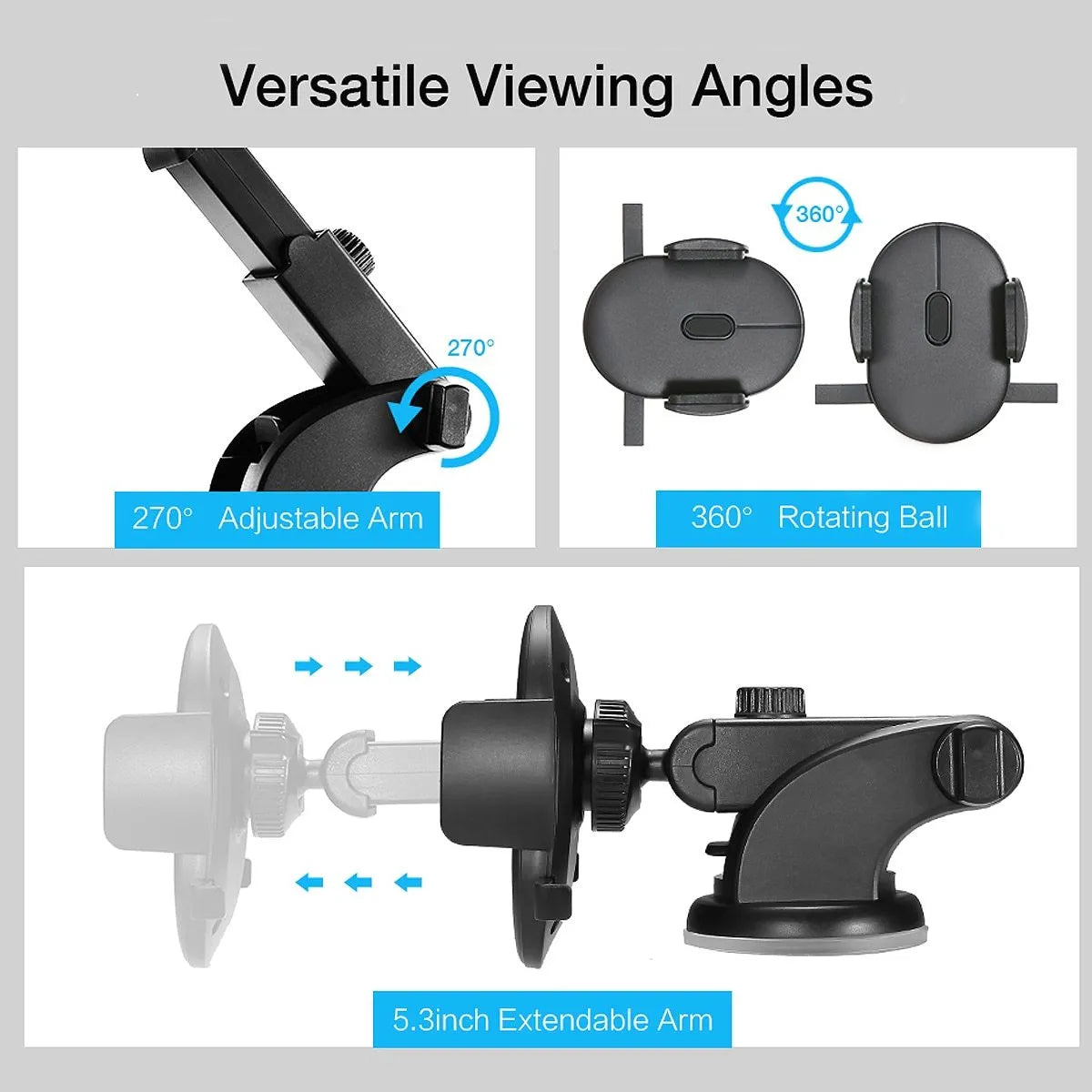 Car phone holder with black suction cup and telescopic arm on car dashboard