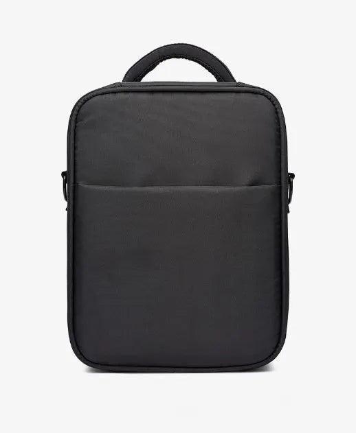 Black oxford fabric mens messenger bag with adjustable shoulder strap showing 24x11x31cm dimensions