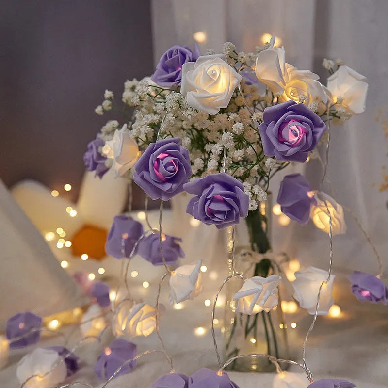 Indoor battery-powered LED rose decorative light string in one of seven colour options