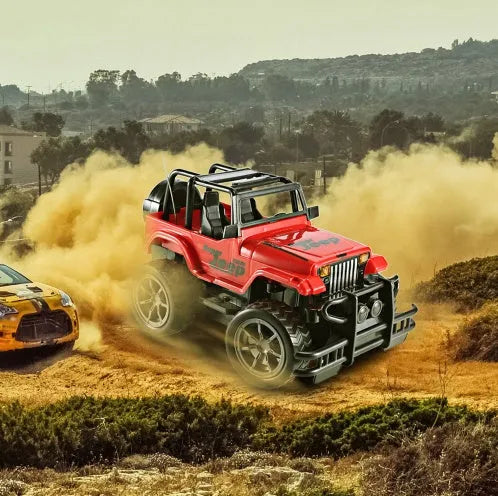 Wrangler Knight remote control car in red on grass, with controller, 4-channel off-road drift car for children over 3