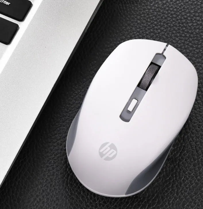 Silent wireless mouse in black with compact ergonomic shape and optical sensor