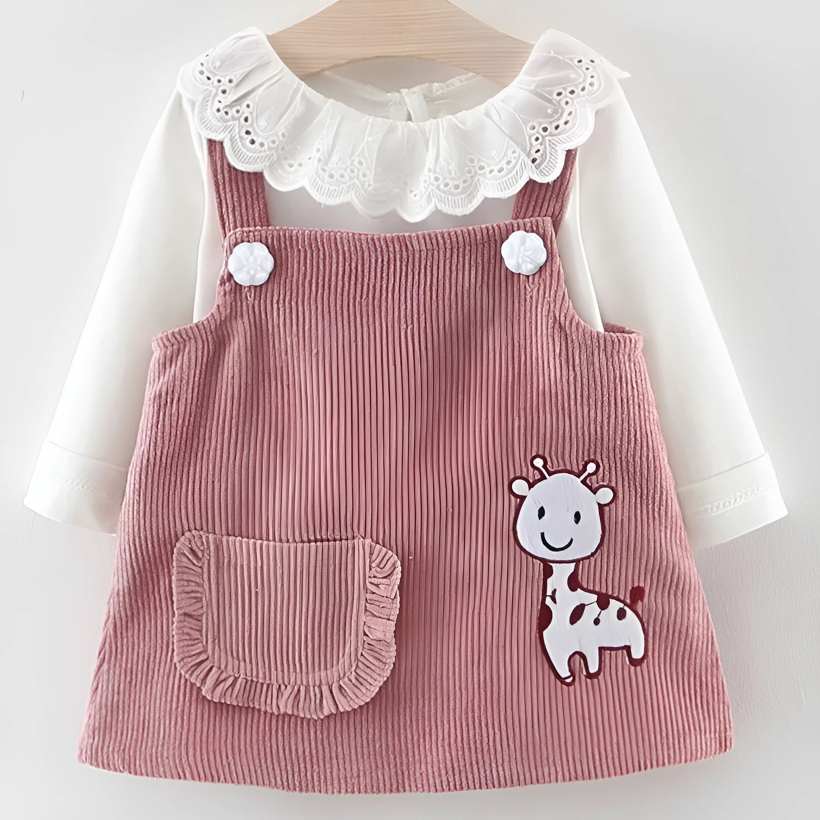 Baby girl cotton dress set with long sleeves and suspender style, featuring animal and cartoon prints in solid colour