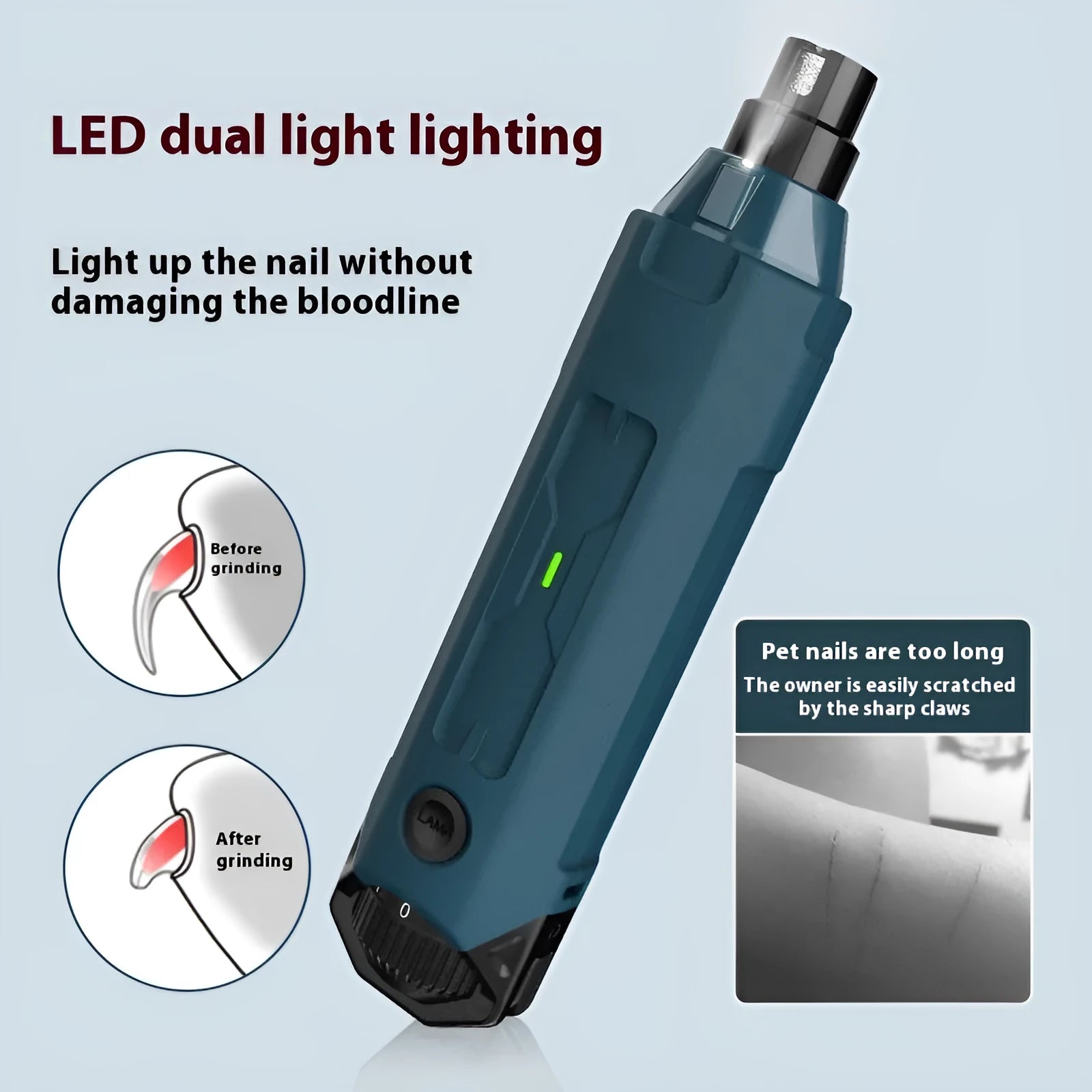 Dark blue pet nail grinder with rotary speed knob, LED light, and fine grinding head.