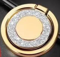 Bling glitter metal phone ring holder showing rotation and flip functions on mobile phone