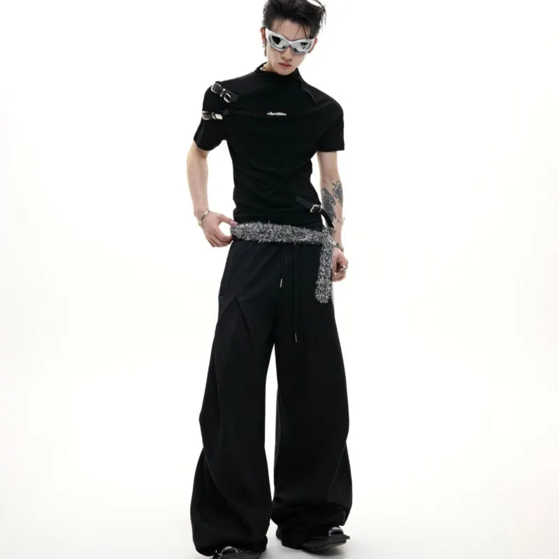 Men's slim fit black cotton T-shirt with metal belt detail and small stand-up collar