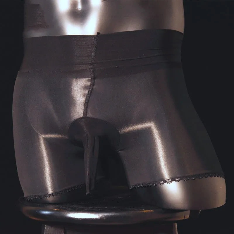 Men's shiny transparent nylon underwear with lace closure in U-shaped bag style