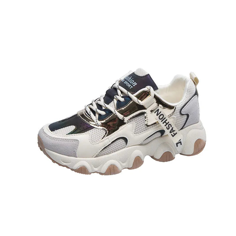 Breathable wild daddy shoes for women in beige with middle heel and non-slip rubber sole