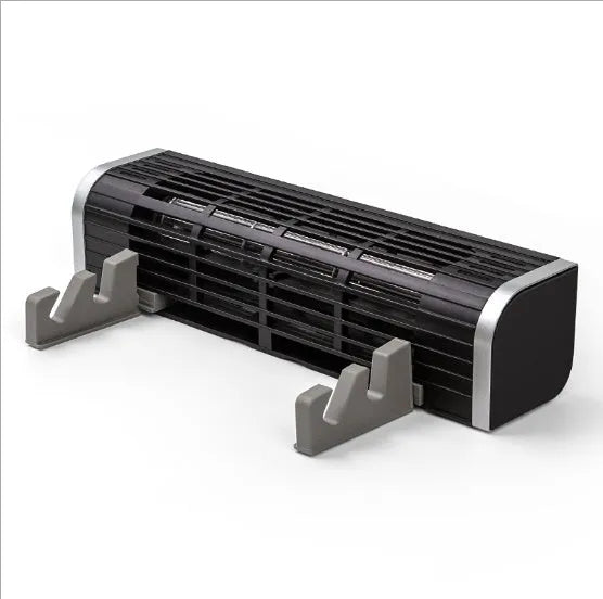 Black laptop cooling pad with dual fans, adjustable tilt, and USB cable.