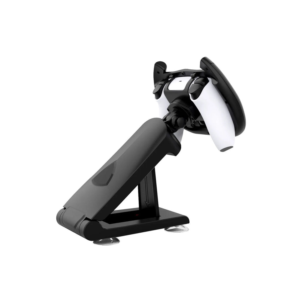 Black ABS gamepad steering wheel bracket with suction cup holding a mobile phone.