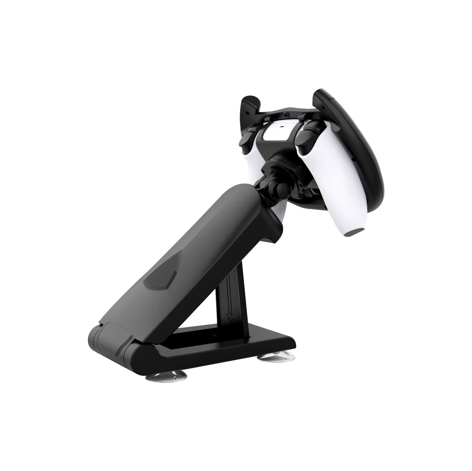 Black ABS gamepad steering wheel bracket with suction cup holding a mobile phone.
