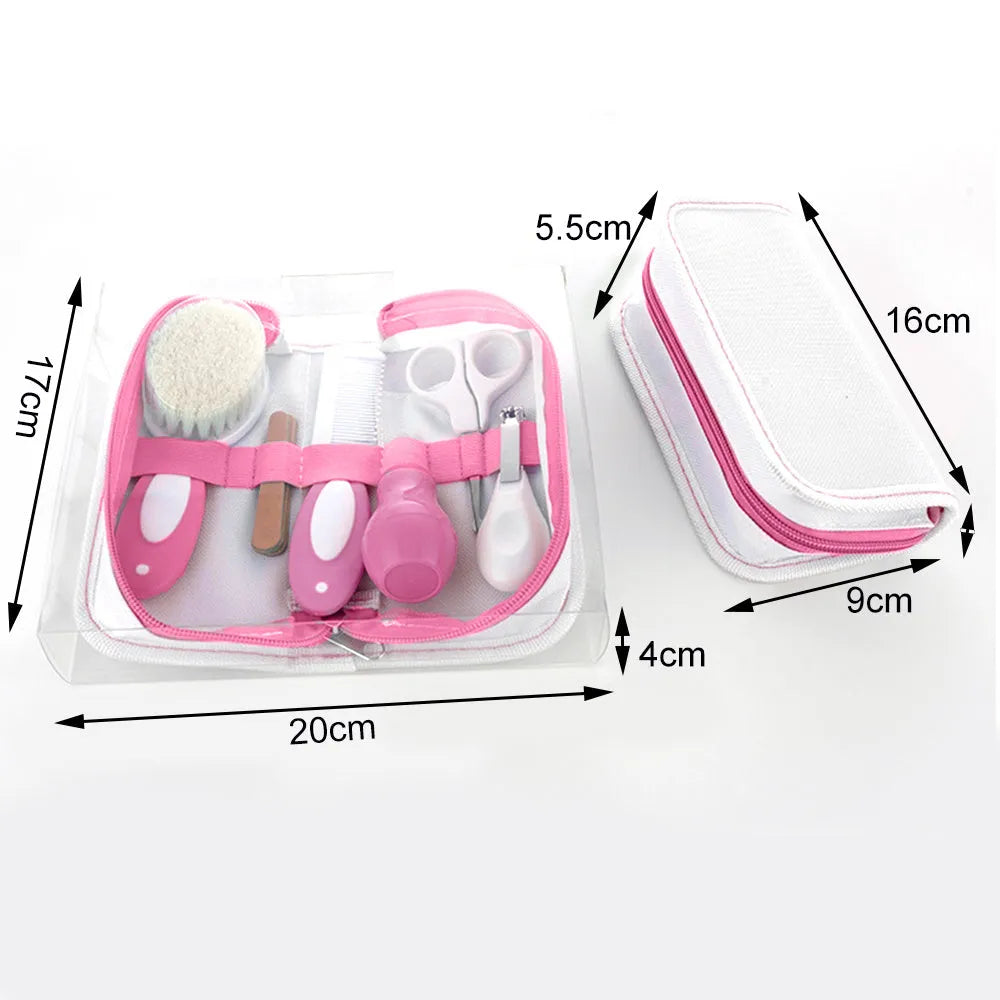 Crimson cherry pink baby nail care set with 6 grooming tools measuring 17x20x4cm