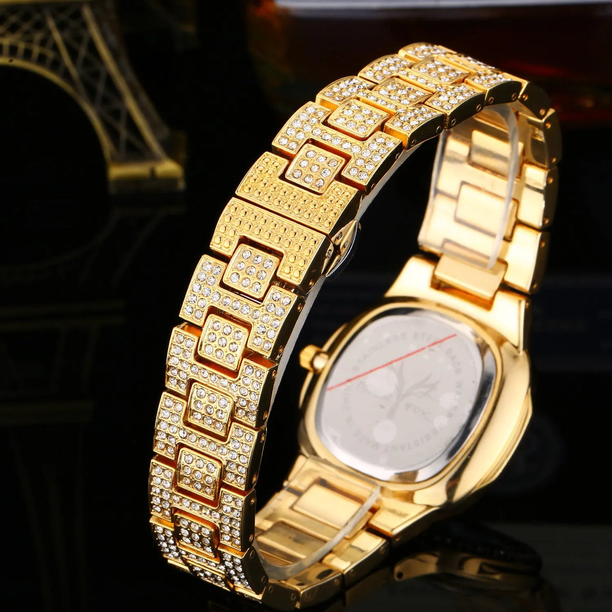 Women's fashion diamond watch with 37mm dial and alloy strap in golden finish