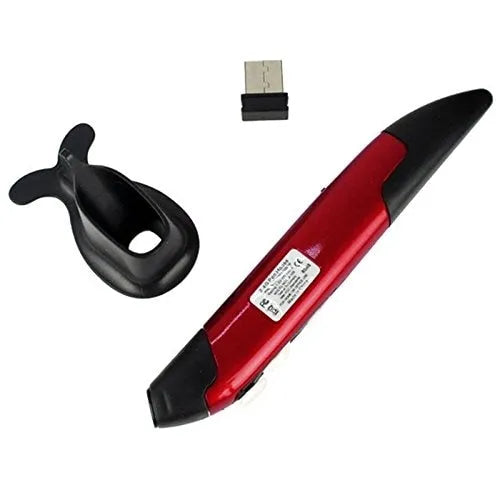 Wireless optical pen mouse in blue with USB receiver and stand on white background
