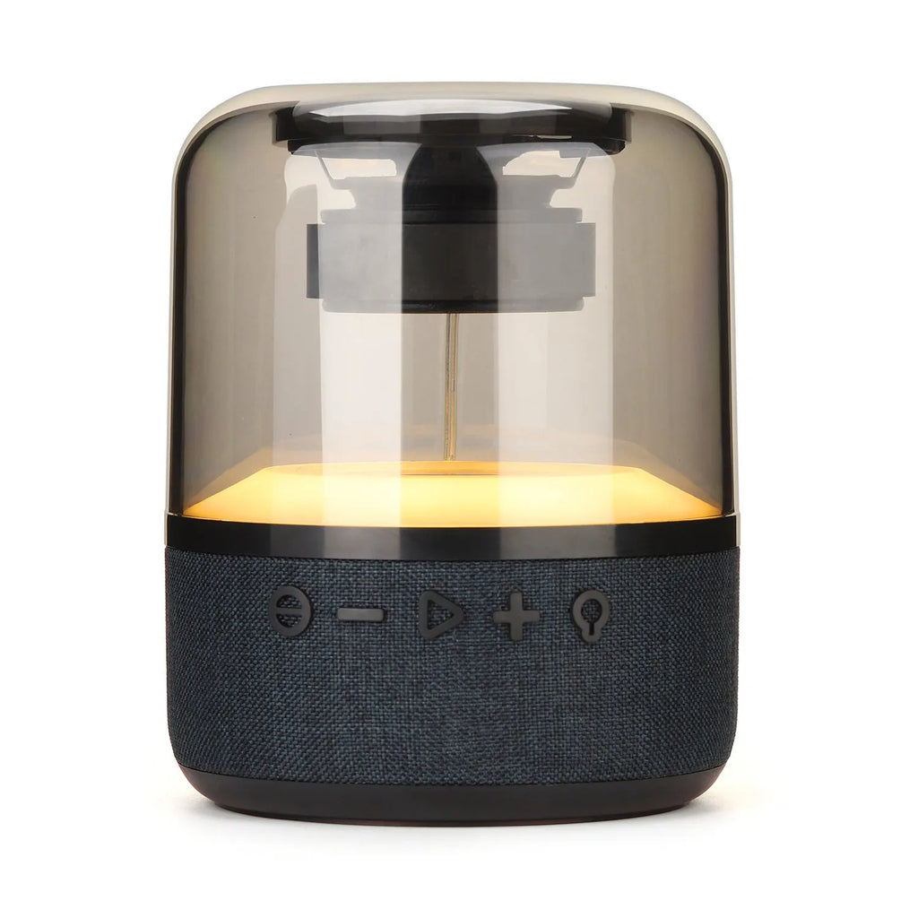 Four-colour light touch wireless Bluetooth speaker showing halo effect and control buttons.