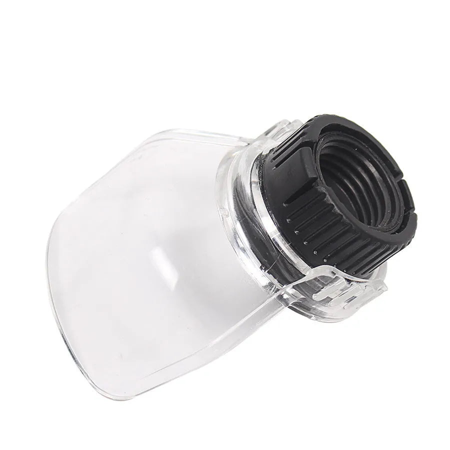 Clear plastic Delta grinder protective horn cover with threaded mounting port.