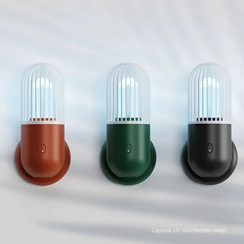 Portable capsule-shaped ultraviolet UVC disinfection lamp in choice of colours.