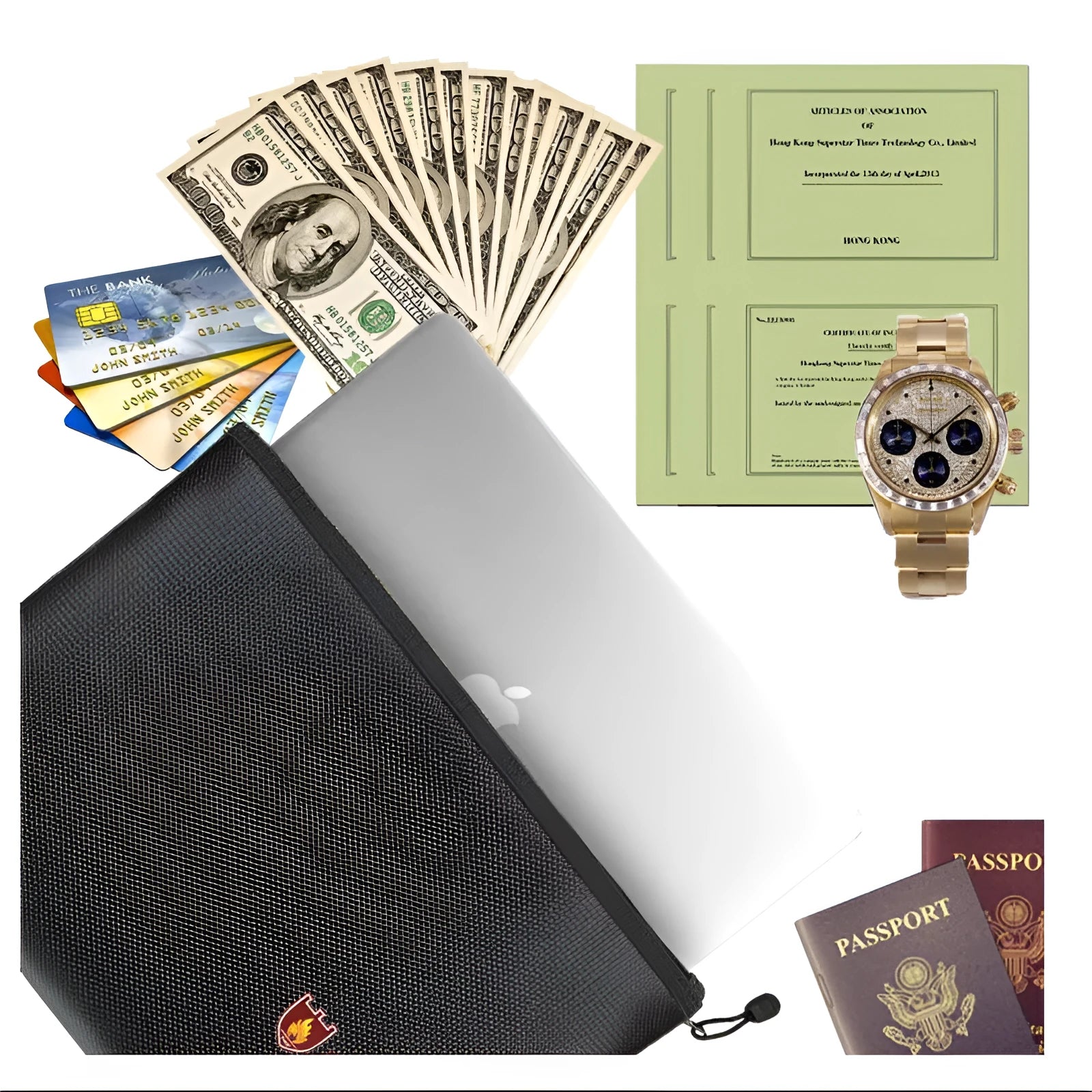 Black fire-proof contract document storage bag shown in small, medium, and large sizes.