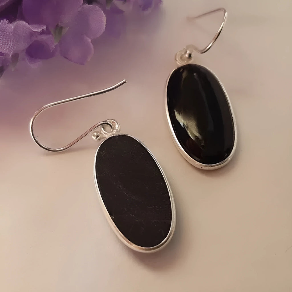Black oval agate geometric pendant earrings with 925 silver electroplated alloy for women