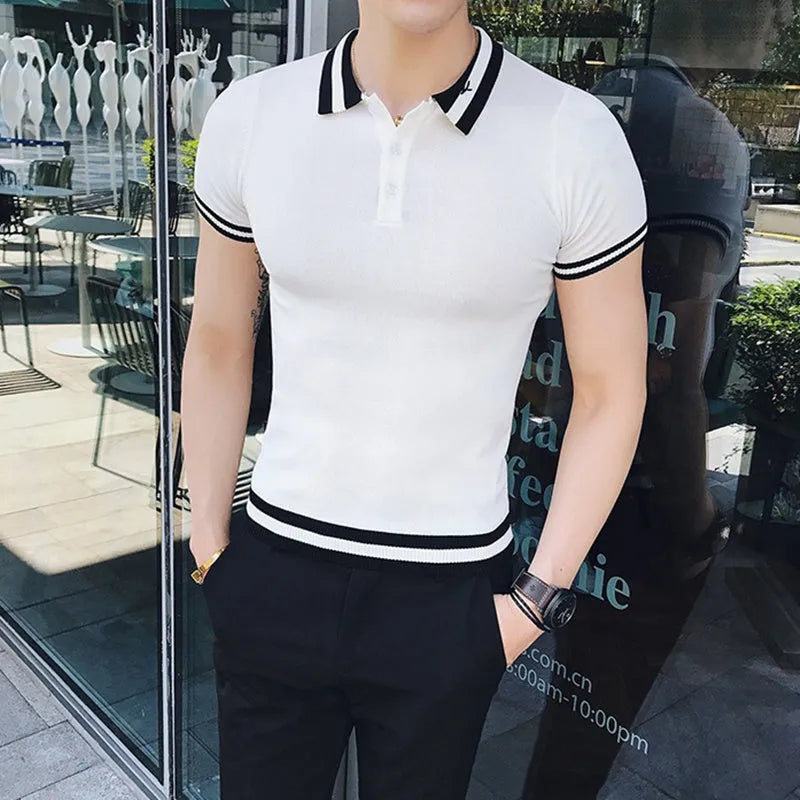 Casual thin slim fit short sleeve polo shirt for men in black white red polyester viscose blend