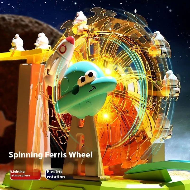 Children's space rabbit electric track toy with plastic climbing stairs and slide