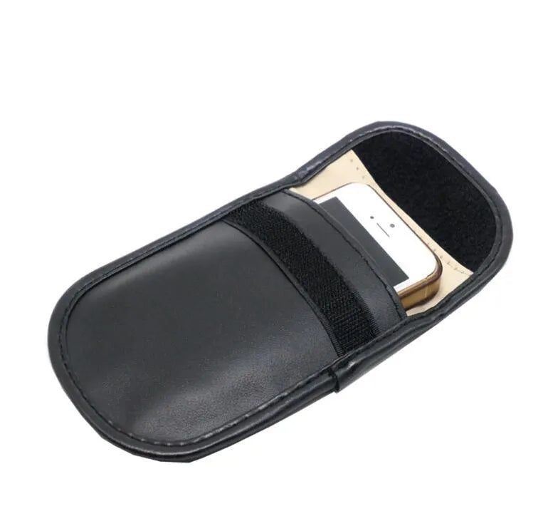 Black microfibre car key signal blocker bag with Faraday cage, 13.5x9.5cm, for key fobs and smartphones