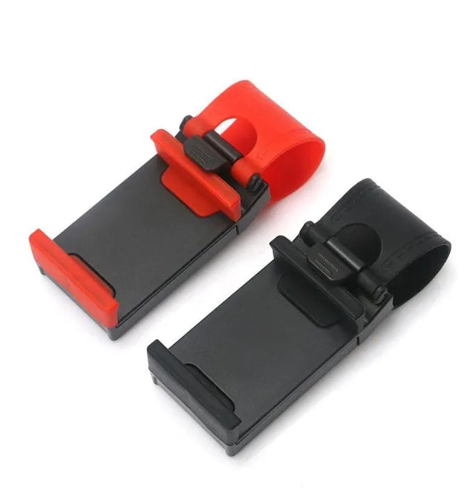 Black universal steering wheel phone clip holder mounted with a smartphone displaying a map.