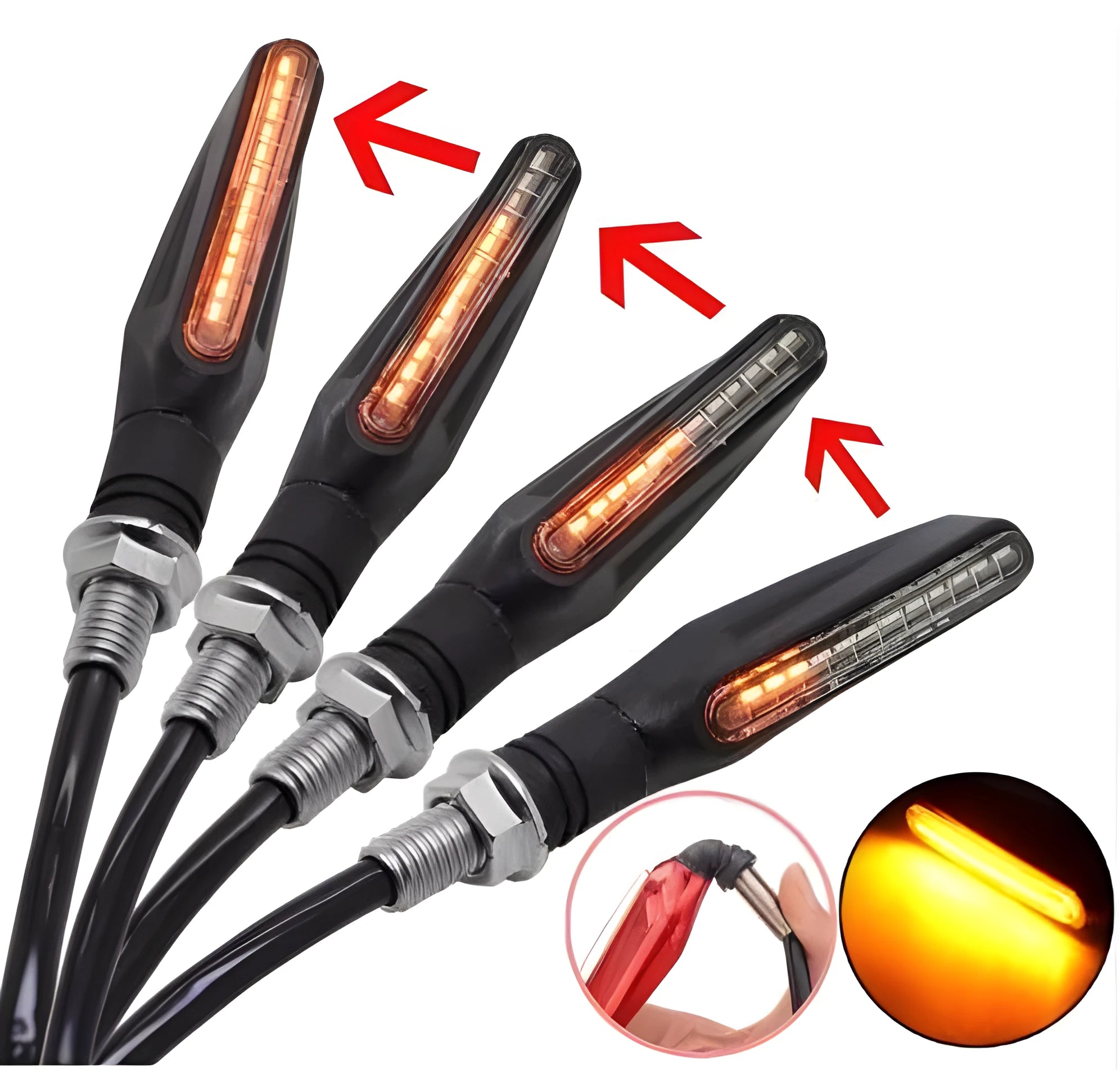 Black universal motorcycle flowing water LED turn signal indicator with flexible rubber section and amber lights on a dark background