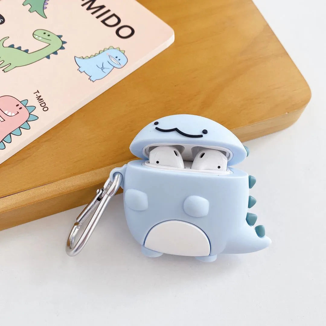 Blue silicone earphone case with a cute baby dragon design, fitting a single Apple AirPod.