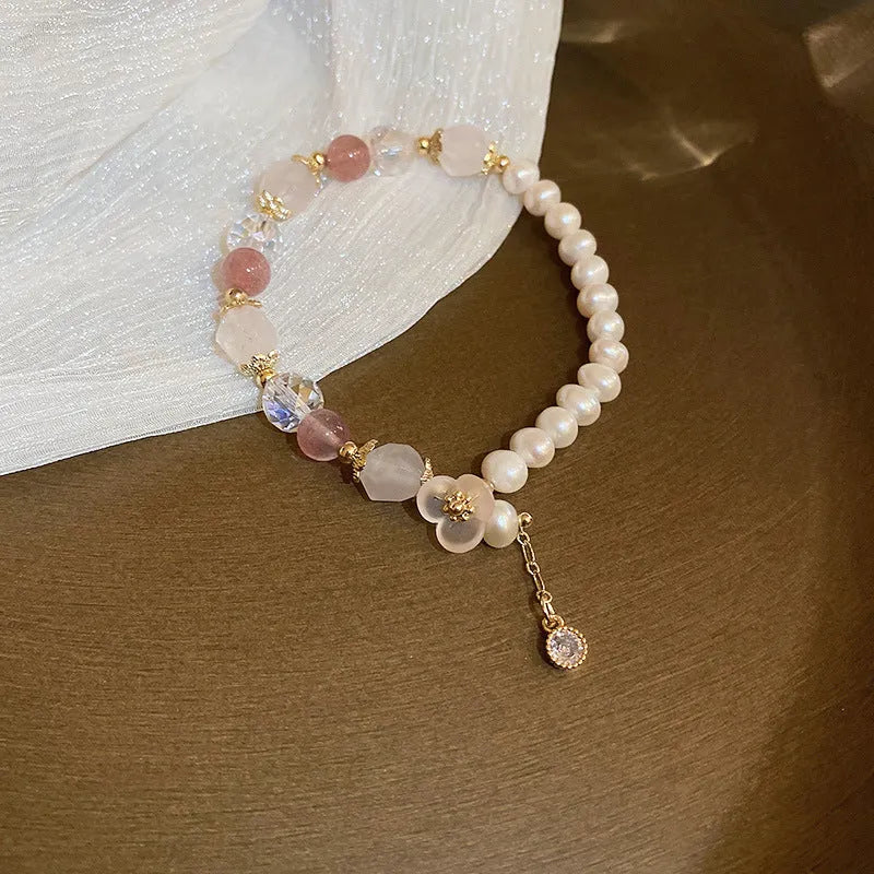 Baroque freshwater pearl bracelet with zircon accents geometric design women's gold colour