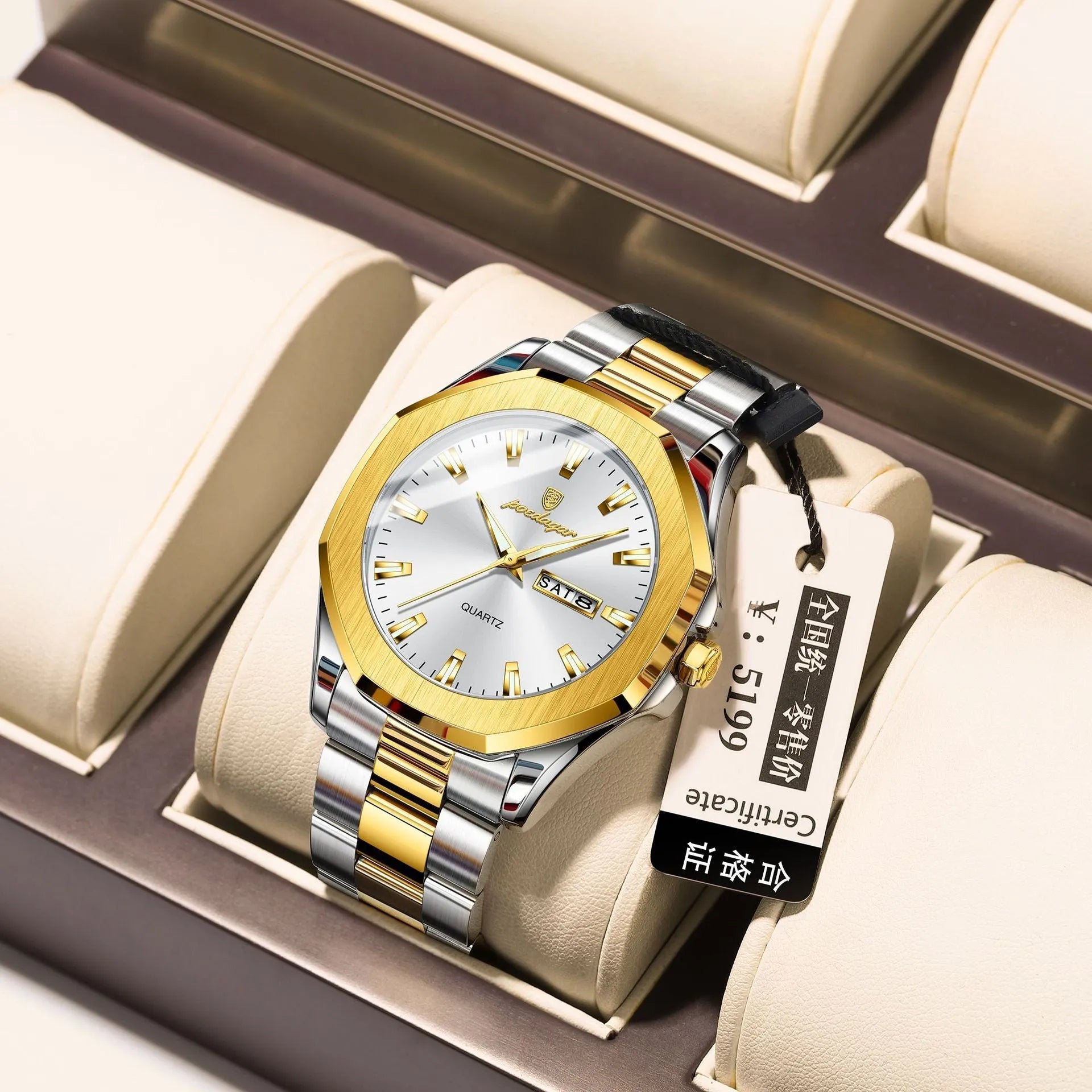 Men's steel strap quartz watch with 9mm case in gold and blue colour combination