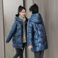 Women's loose thick hooded winter jacket in acrylic fabric, shown in black, blue, champagne, or green.
