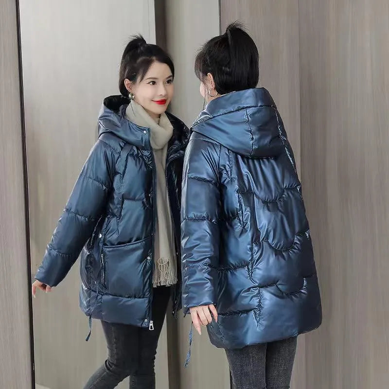 Women's loose thick hooded winter jacket in acrylic fabric, shown in black, blue, champagne, or green.