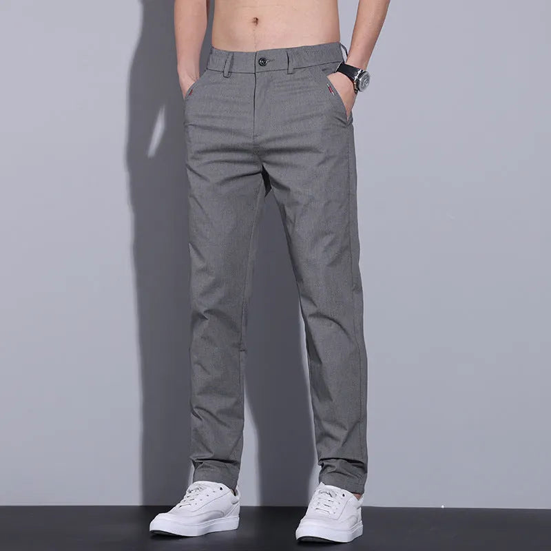 Men's straight slim fit trousers in light khaki cotton with micro elasticity for business casual wear