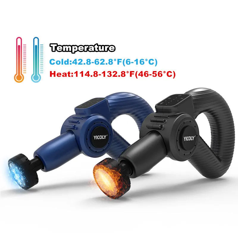 Black intelligent muscle massage gun with multiple attachment heads on a grey background