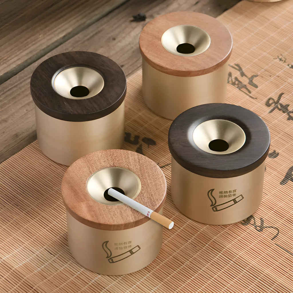 Retro brass ashtray with wooden lid and centre hole, solid copper construction for indoor smoking