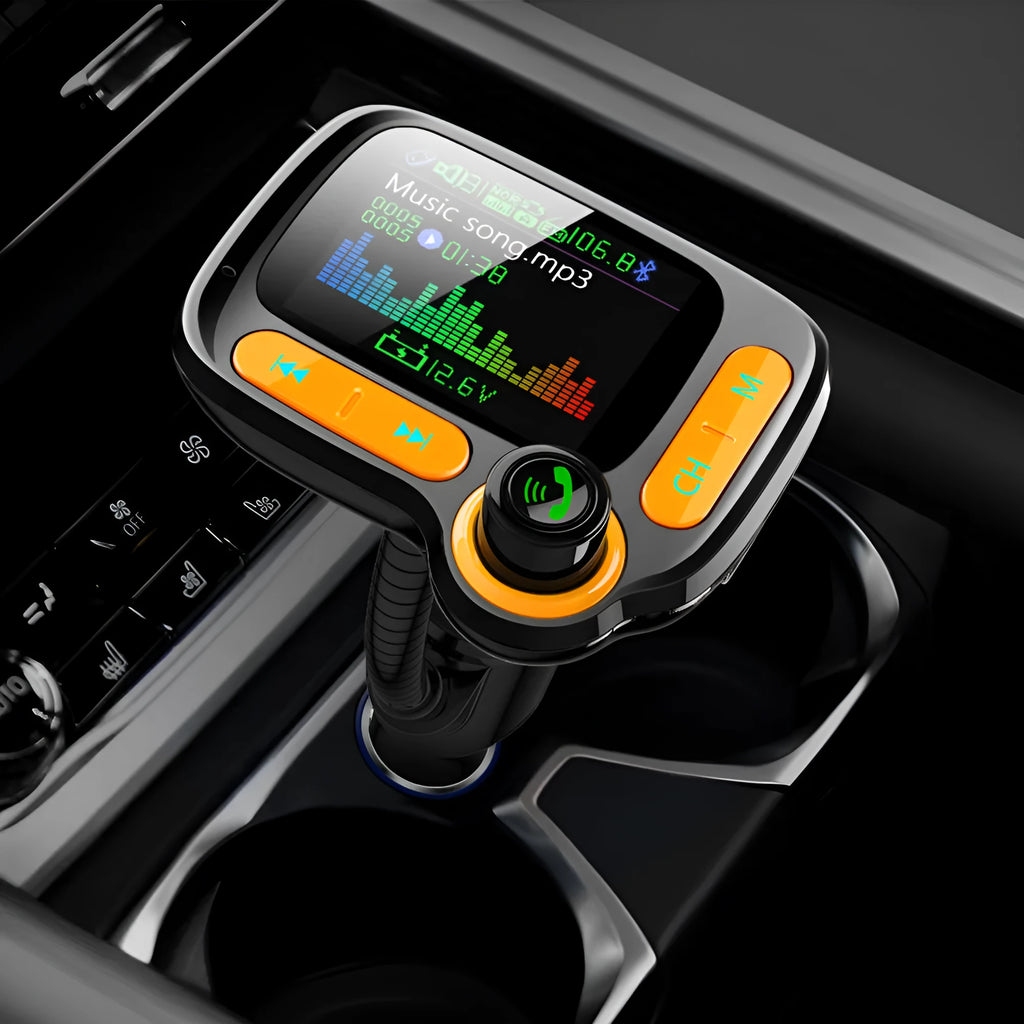 Car Bluetooth multi-function player with 1.77 inch OLED colour screen, QC 3.0 dual USB ports, and adjustable hose for cigarette lighter socket