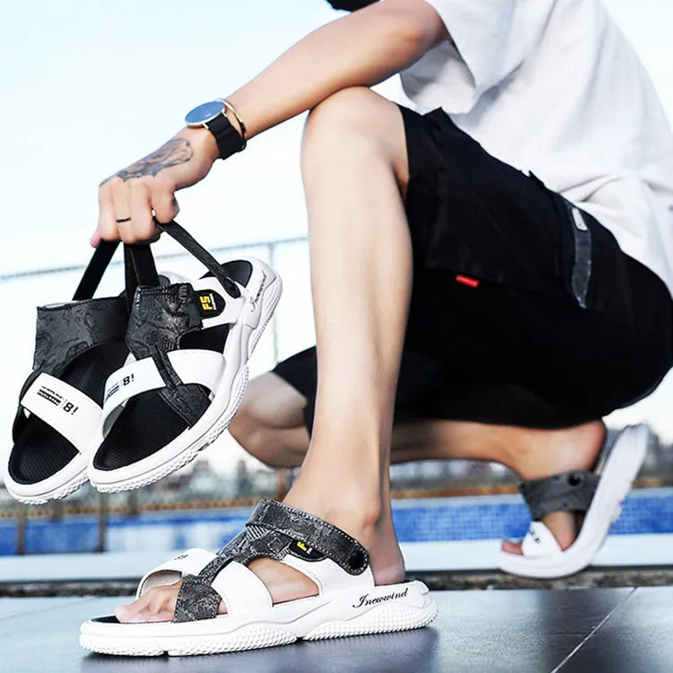 Men's summer open toe sandal in black with non-slip PVC sole and microfiber leather upper