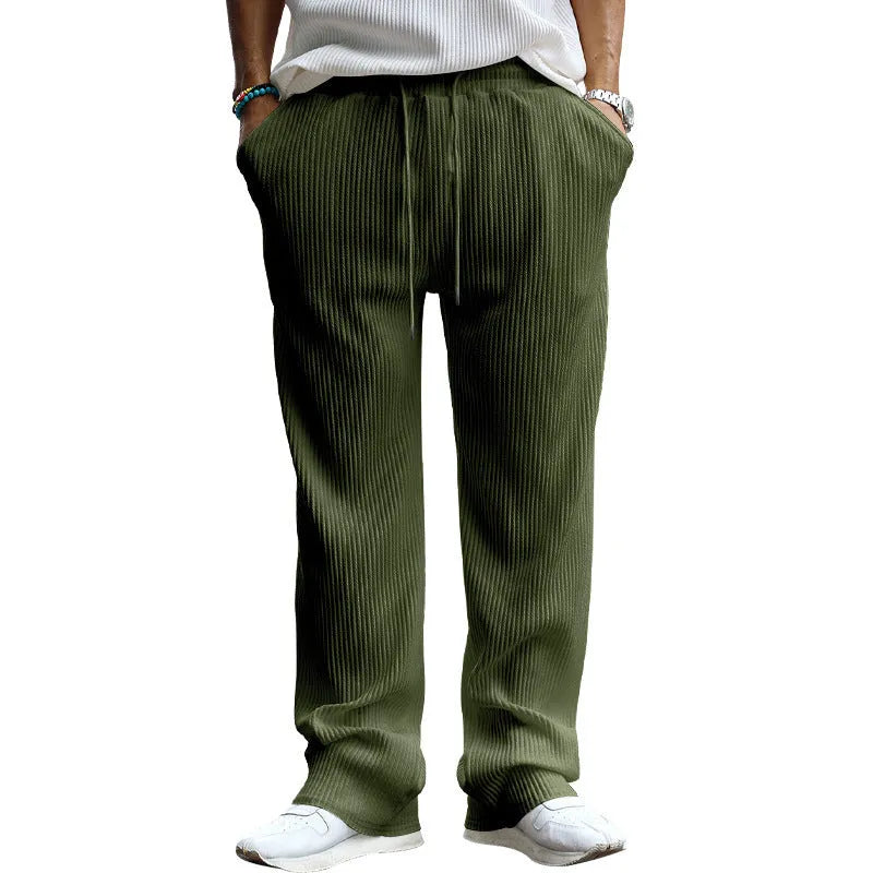 Men's casual high-waist straight-leg trousers in Army Green showing loose fit and striped design