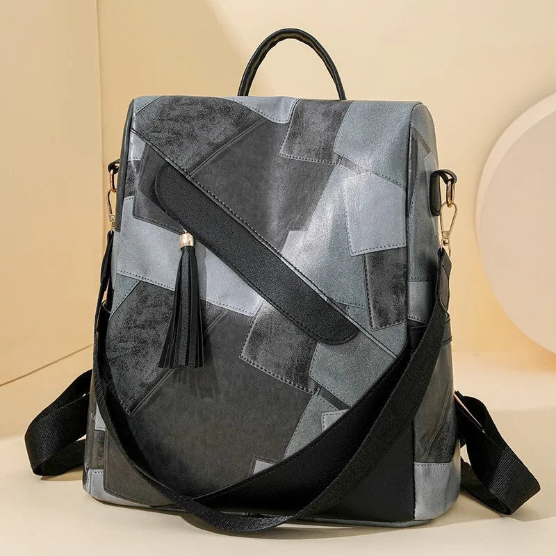 Large capacity retro patchwork casual bag in black, PU leather, 20 litres, crossbody style