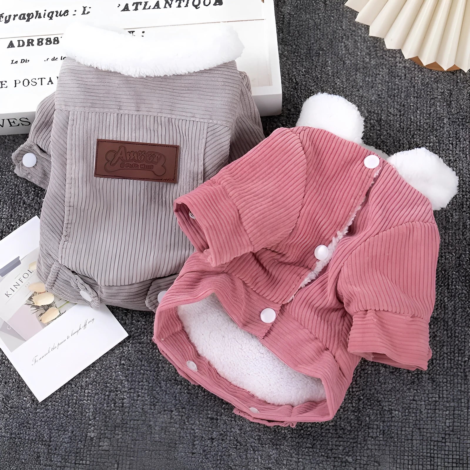 Grey lambswool dog vest with fleece lining for winter warmth, shown on a model dog.