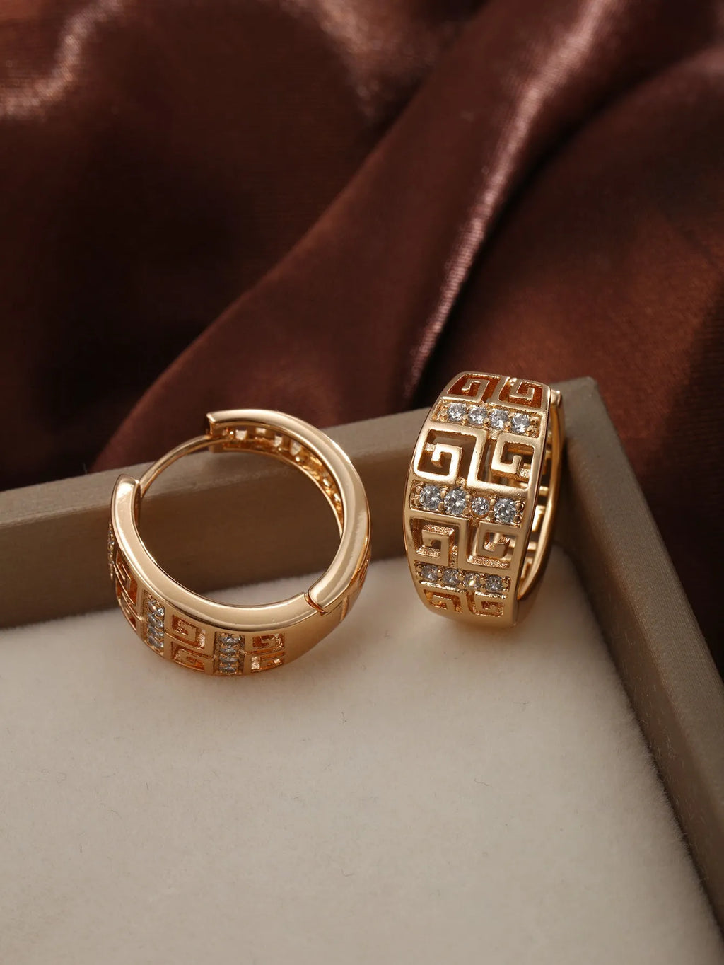 Geometric copper inlaid zircon earrings with 18K gold plated electroplated finish for women
